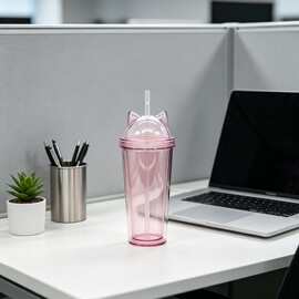 跨境亚马逊热销猫耳盖双层透明塑料 tumbler 家用冷饮咖啡便携饮