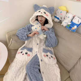珊瑚绒睡袍女秋冬季加绒加厚睡衣2026年新款卡通蓝猫家居服套装