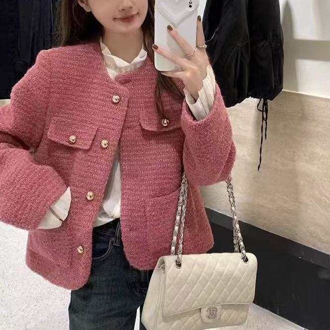 77气质细闪小香风树莓色短外套女宽松显瘦洋气垫肩粗花呢上衣