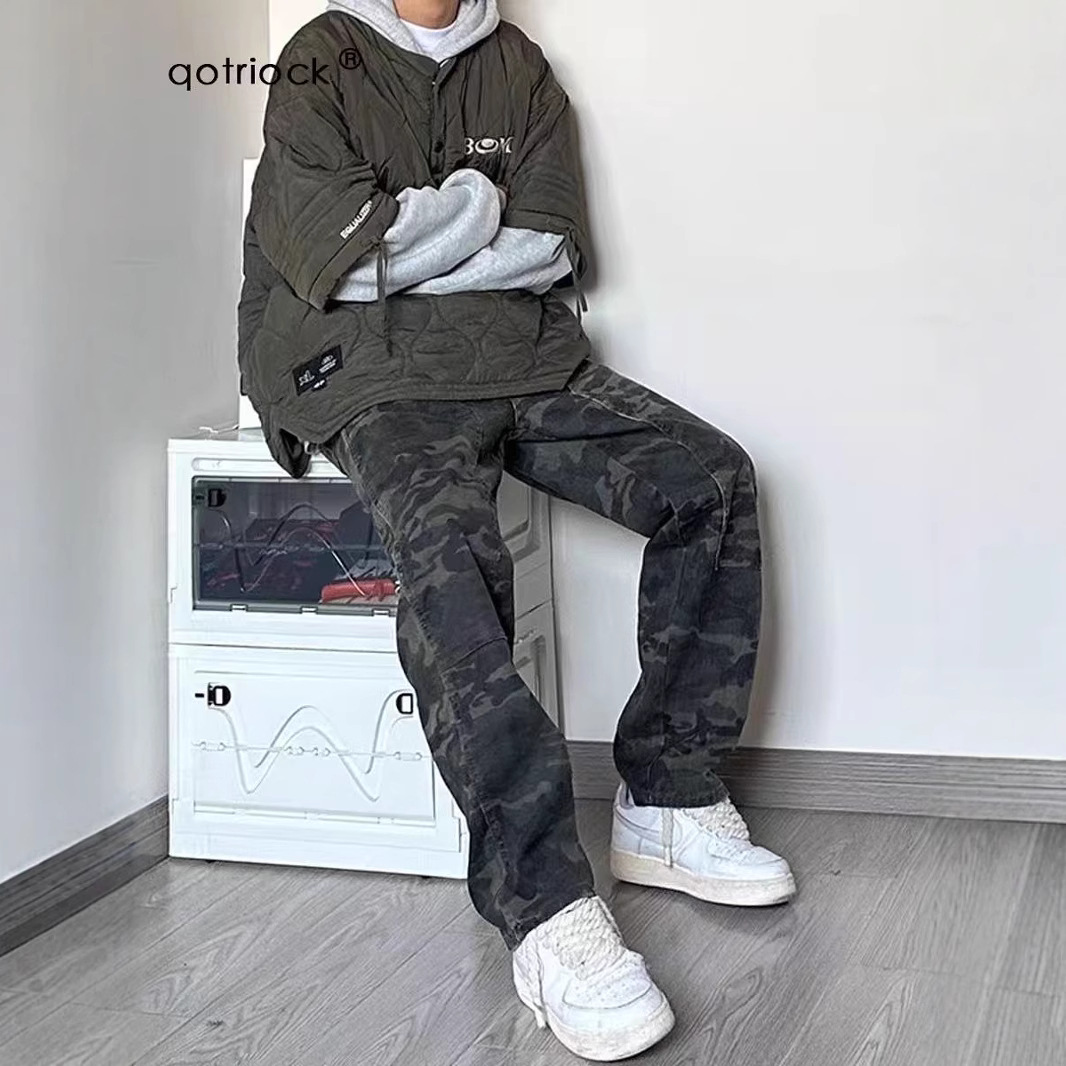 American Camouflage Cargo Jeans Men's Loose High Street Hiphop Straight Pants Trendy Brand Large Size Wide Leg Sports Pants