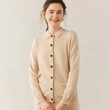 瓦/路亚同款经典POLO领衬衣纯羊毛开衫女纯色百搭带兜针织打底衫