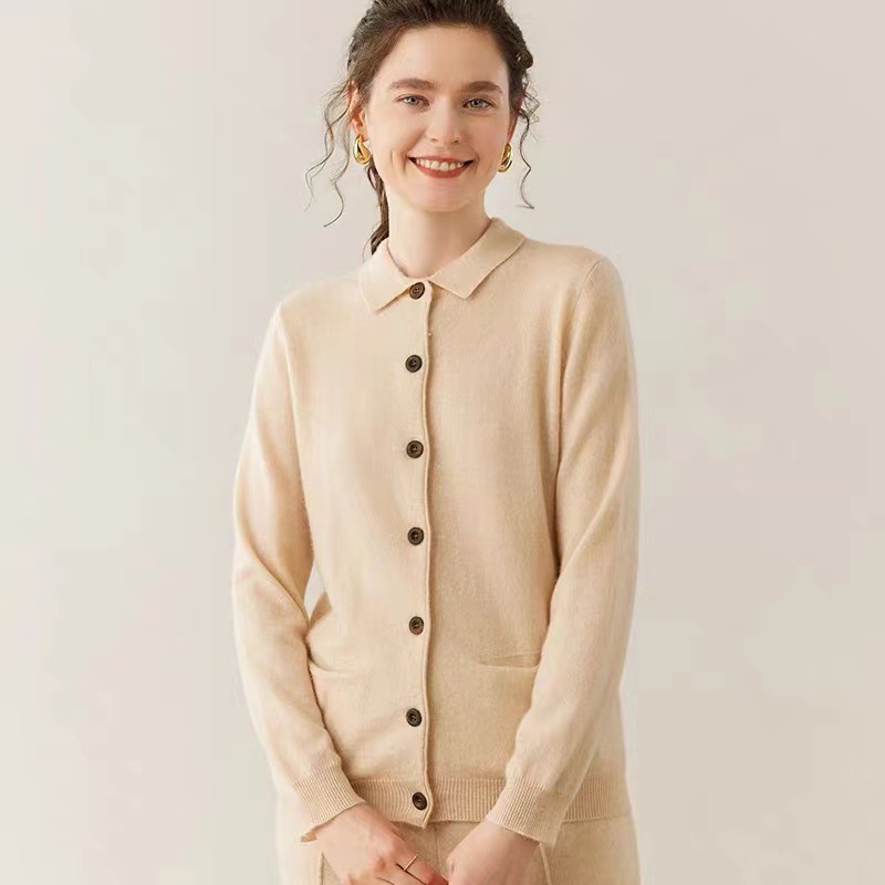 瓦/路亚同款经典POLO领衬衣纯羊毛开衫女纯色百搭带兜针织打底衫