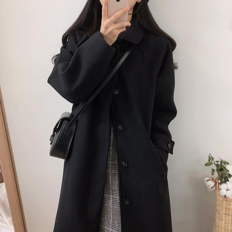 Black woolen coat, demi-season long Japanese jacket, increased thickness, plus size, Korean style, mid-length