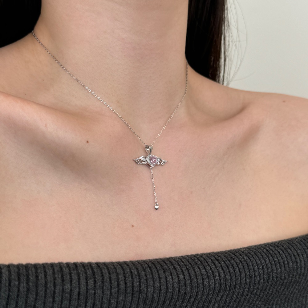 cable chain Chain Type 925 Sterling Silver Zircon Cable Chain Plating Heart Shape Wings Pendant Necklace