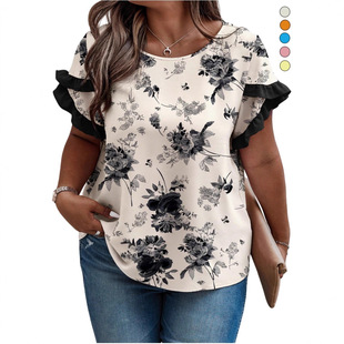 Women's European and American Cross-Border Summer Tops, Round Neck Sleeves, Pleated Chinese Short-Sleeved Tops, Women's National Style T-Shirts for Women