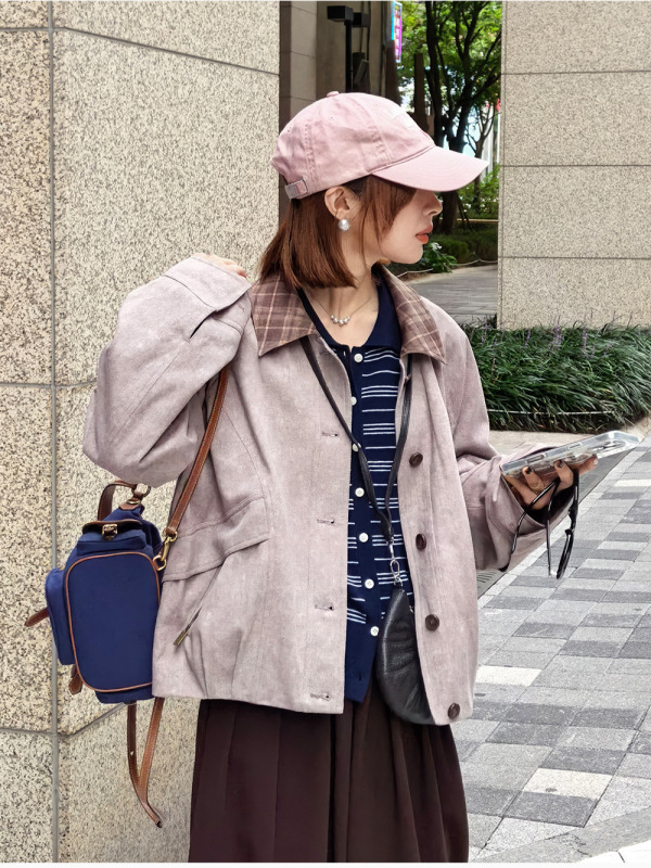 白描工作间"帕斯托信箱"巴恩风格纹撞色领秋季工装夹克短外套|undefined