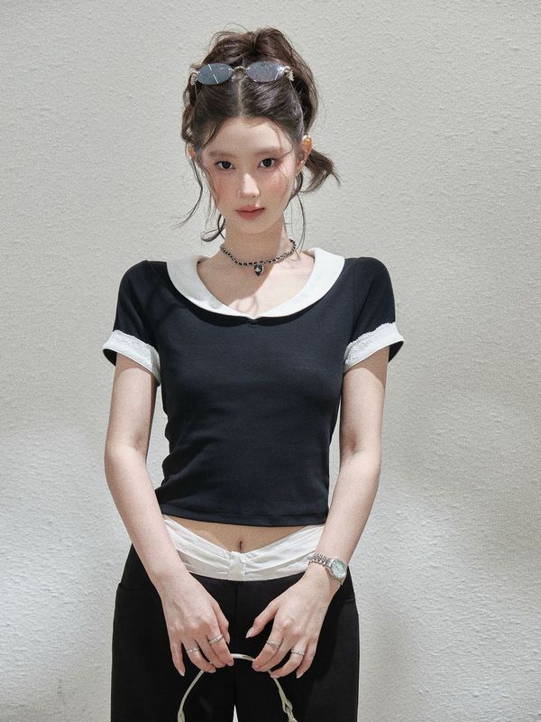 韩系甜辣风娃娃领正肩短袖T恤女夏季显瘦修身设计感小众短款上衣|undefined