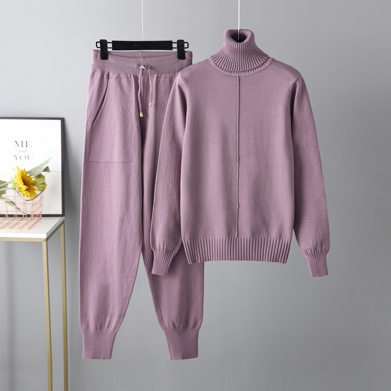 Women's Clothing Casual fashion suit 2023 autumn and winter turtleneck solid color sweater knitted two piece set_voghion.com