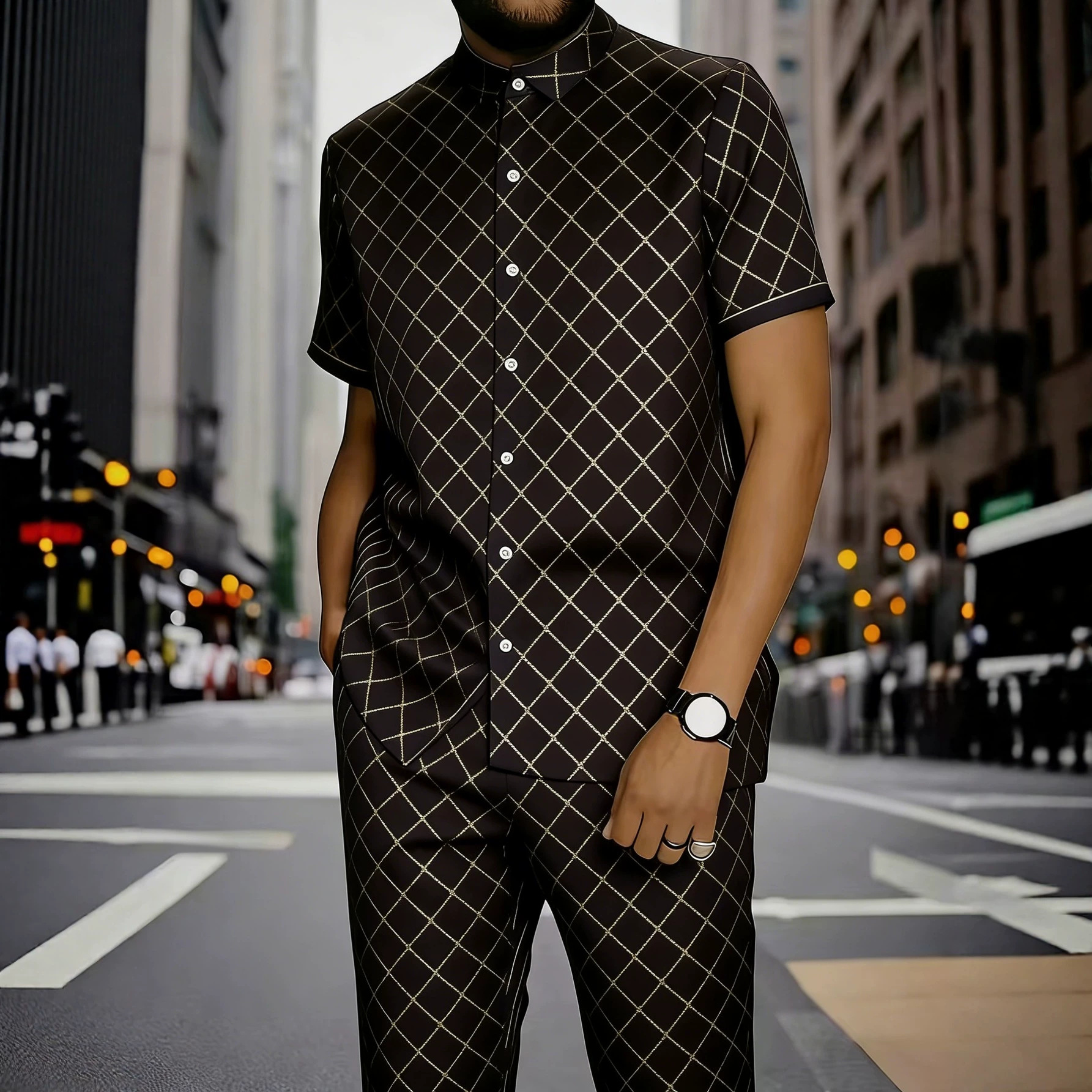 Men's Clothing Men's Commuter Style Short Sleeve Shirt And Shorts Set Collared Geometric Print Spring Summer_viptrois.com