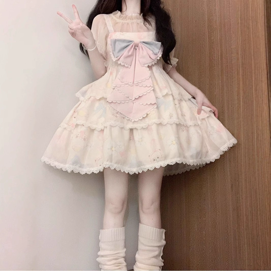Meow Witch Original [Bear Cup] аутентичная трехступенчатая юбка Lolita JSK на подтяжках на каждый день, юбка-тортик принцессы