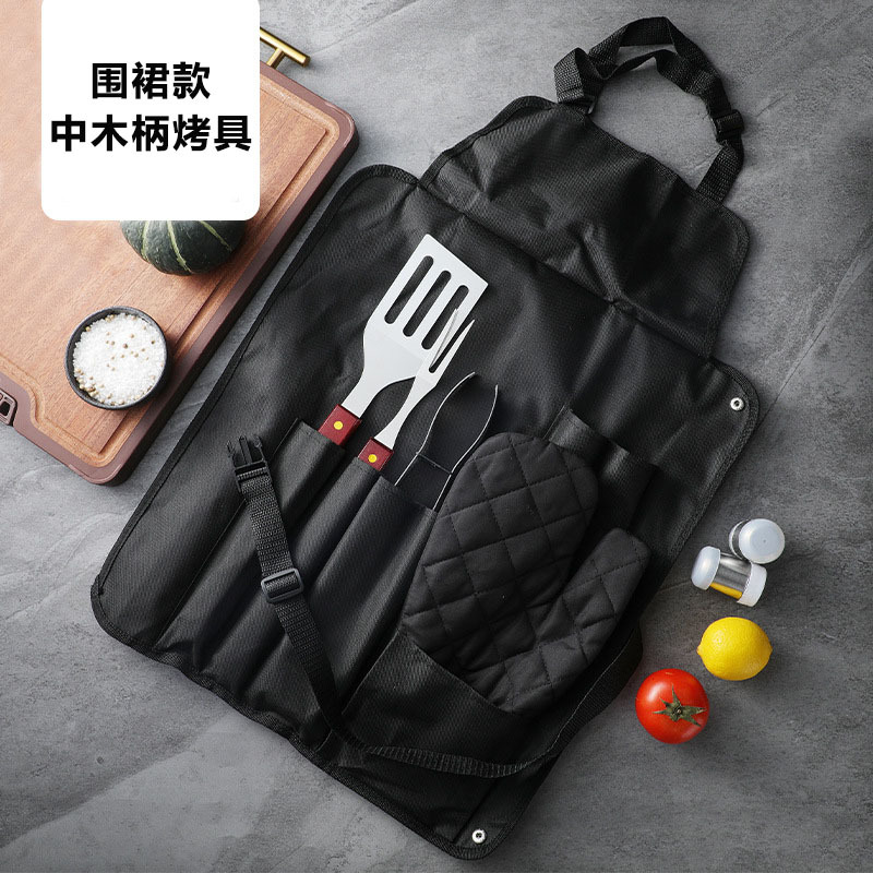 Comercio exterior transfronterizo comercio electrónico mayorista mango de madera acero inoxidable herramientas al aire libre bolsa de delantal vestir parrilla 6 piezas juego de campamento