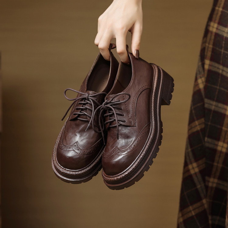 厚底乐福鞋女真皮通勤雕花布洛克女鞋牛津鞋子深口单鞋英伦小皮鞋