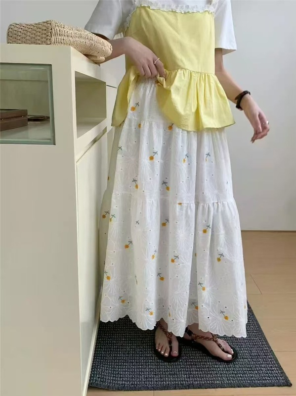 小さな新鮮な刺繍花綿スカートレーススカート女性のための 2025 春夏甘いミッドレングス A ラインスカート傘スカート|undefined