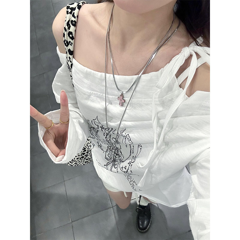 Korean Style White Slant Shoulder Strap Printed Long-sleeved T-shirt Top Laid-back Style Plaid Loose Wide-leg Casual Pants suit Korean Style White Slant Shoulder Strap Printed Long-sleeved T-shirt Top Laid-back Style Plaid Loose Wide-leg Casual Pants suit
