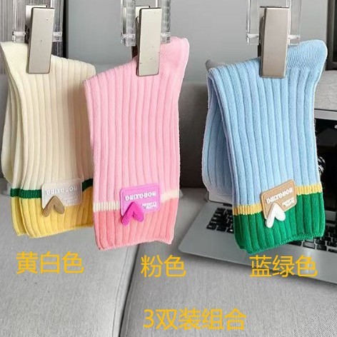 多巴胺女袜子四季款中长筒堆堆袜薄款粉短袜拼色刺绣Socks跨境夏|undefined