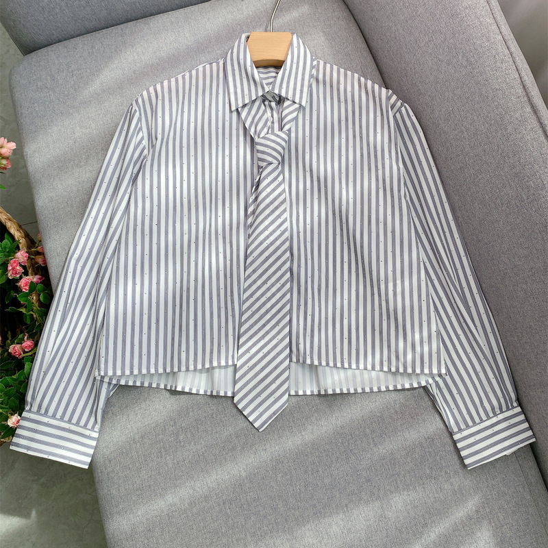 White and Gray Vertical Striped Heavy Starry Sky Tie Short Long-Sleeve Shirt Top for Women 90% off French Age-Reducing Shirt