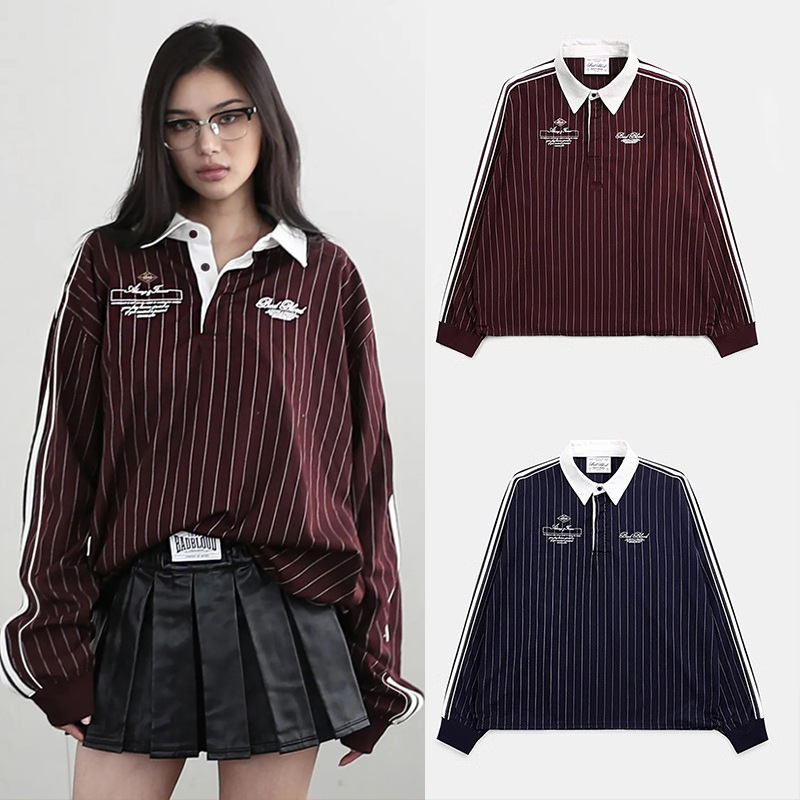 Badblood American Retro Polo Lapel Vertical Stripesd Shirt Jersey Style Long-Sleeved Loose Lazy Style Top for Women