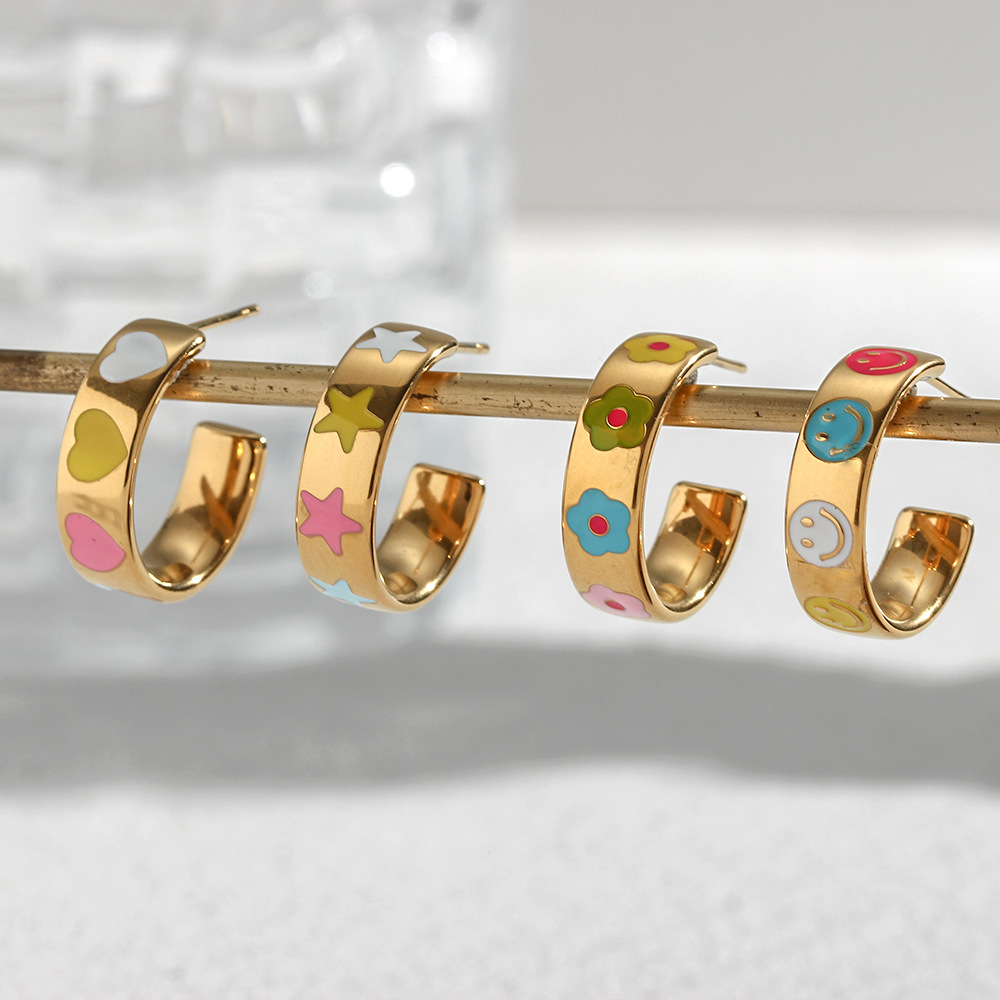 Lady Heart Shape Flower Stainless Steel Earrings Enamel Stainless Steel Earrings