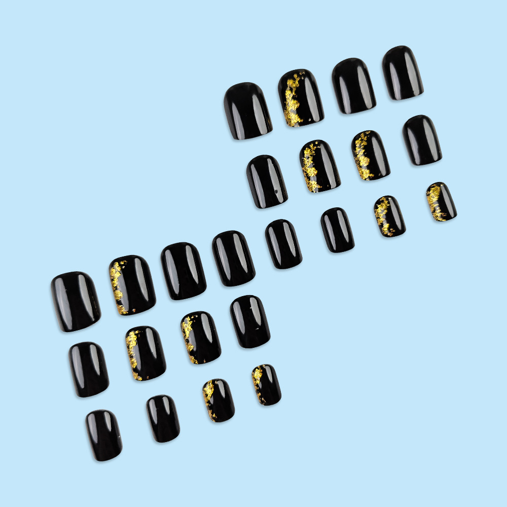 Venta caliente transfronteriza, hoja de oro negra, armadura de desgaste, temperamento de moda, manicura desmontable, 24 piezas, parche de uñas terminado