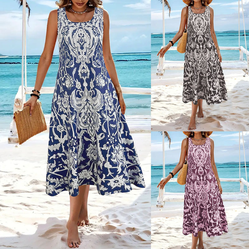 2025 Cross-Border Foreign Trade Bohemian Printed For Women, Summer Fashionable Elegant Round Neck Sleeveless Long Dress_ecoleips.com