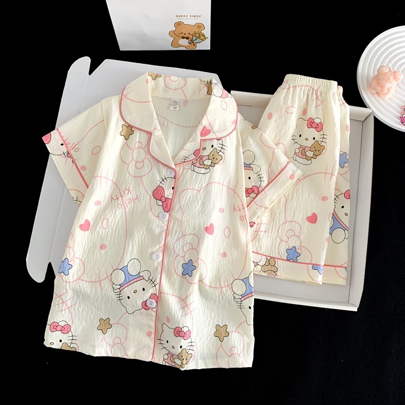 儿童睡衣夏季短袖云朵棉开衫女中大童新款卡通印花可爱家居服套装