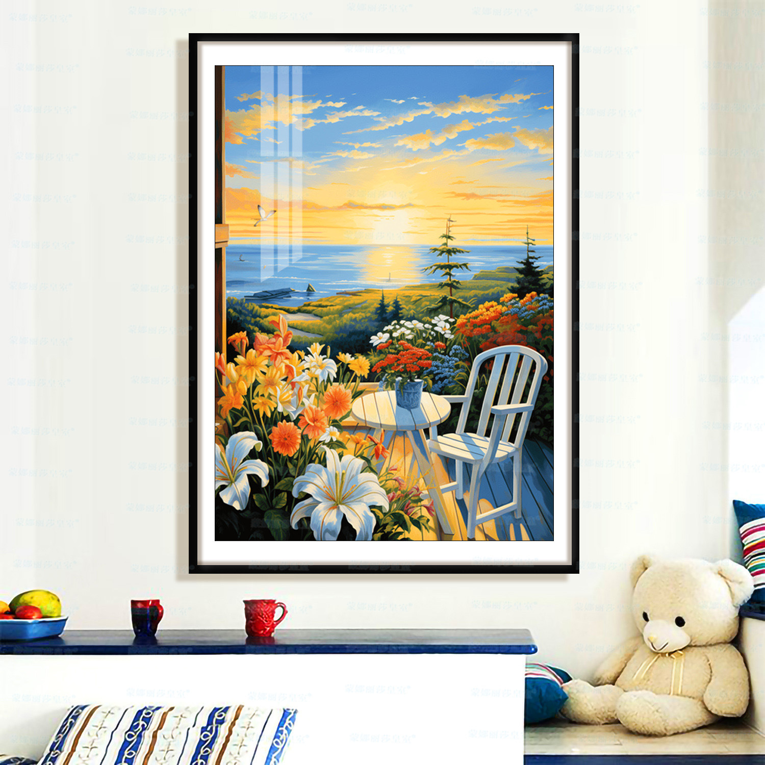 Mona Lisa Real bordado cruzado frente al mar hermosa vista moderna minimalista gran dormitorio sala de estar porche bordado a mano image 3