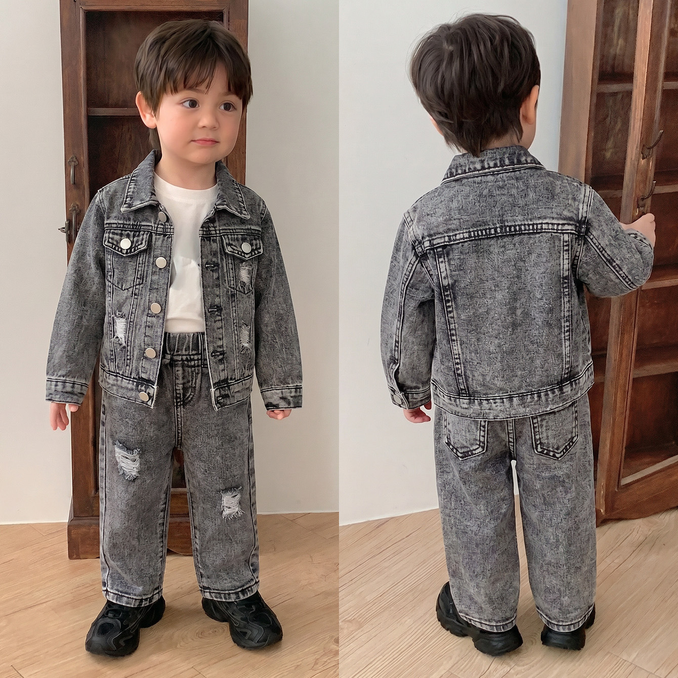 Cross-border European and American 2026 Spring and Autumn New Casual Children's Denim Suit with Pockets, Turn-down Collar, Ripped Details, Long Sleeve and Long Pants for Babies