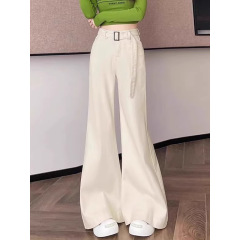 杏色阔腿微喇叭牛仔裤女2025秋季新款腰带垂感宽松直筒白色裤子