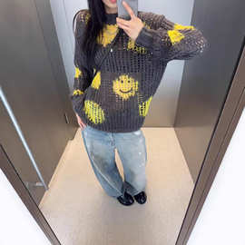 南油高品质！AC家25秋冬新款套头镂空笑脸刺绣针织衫男女同款毛衣