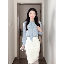 法式别致立领衬衫女春秋新款高级感缎面通勤职业叠穿百搭长袖上衣