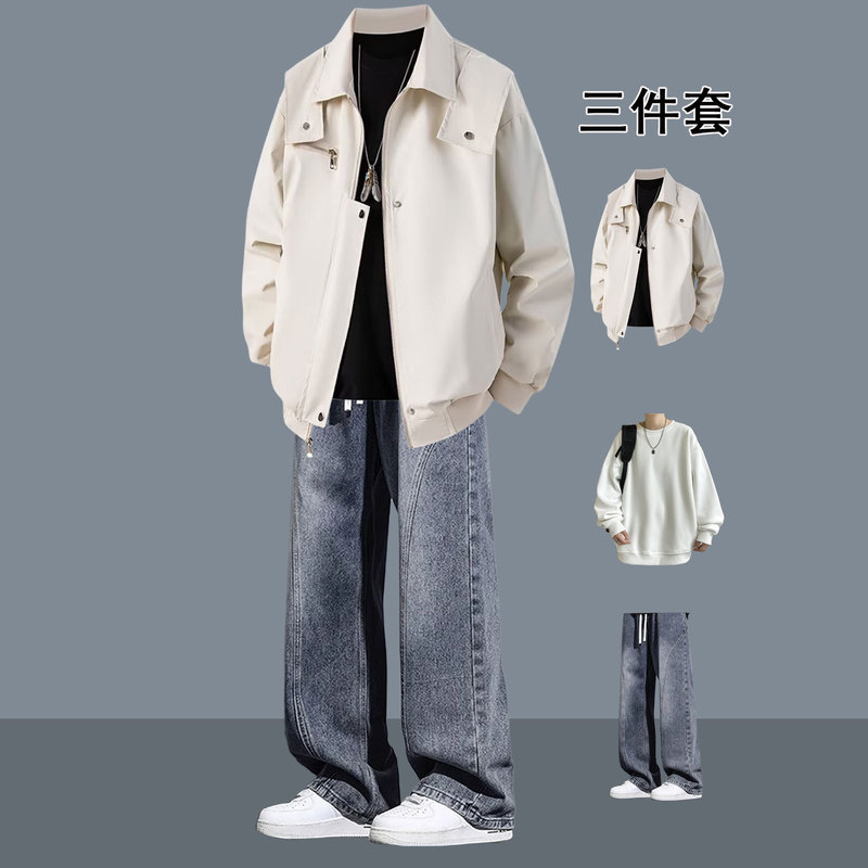 Spring and Autumn Motorcycle Windproof Jacket for Men, Handsome Korean Style Casual Lapel Jacket with Jeans, a High-End Set Spring and Autumn Motorcycle Windproof Jacket for Men, Handsome Korean Style Casual Lapel Jacket with Jeans, a High-End Set
