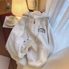 日系甜美刺绣连帽半拉链卫衣女秋冬加绒美式潮牌休闲宽松外套上衣