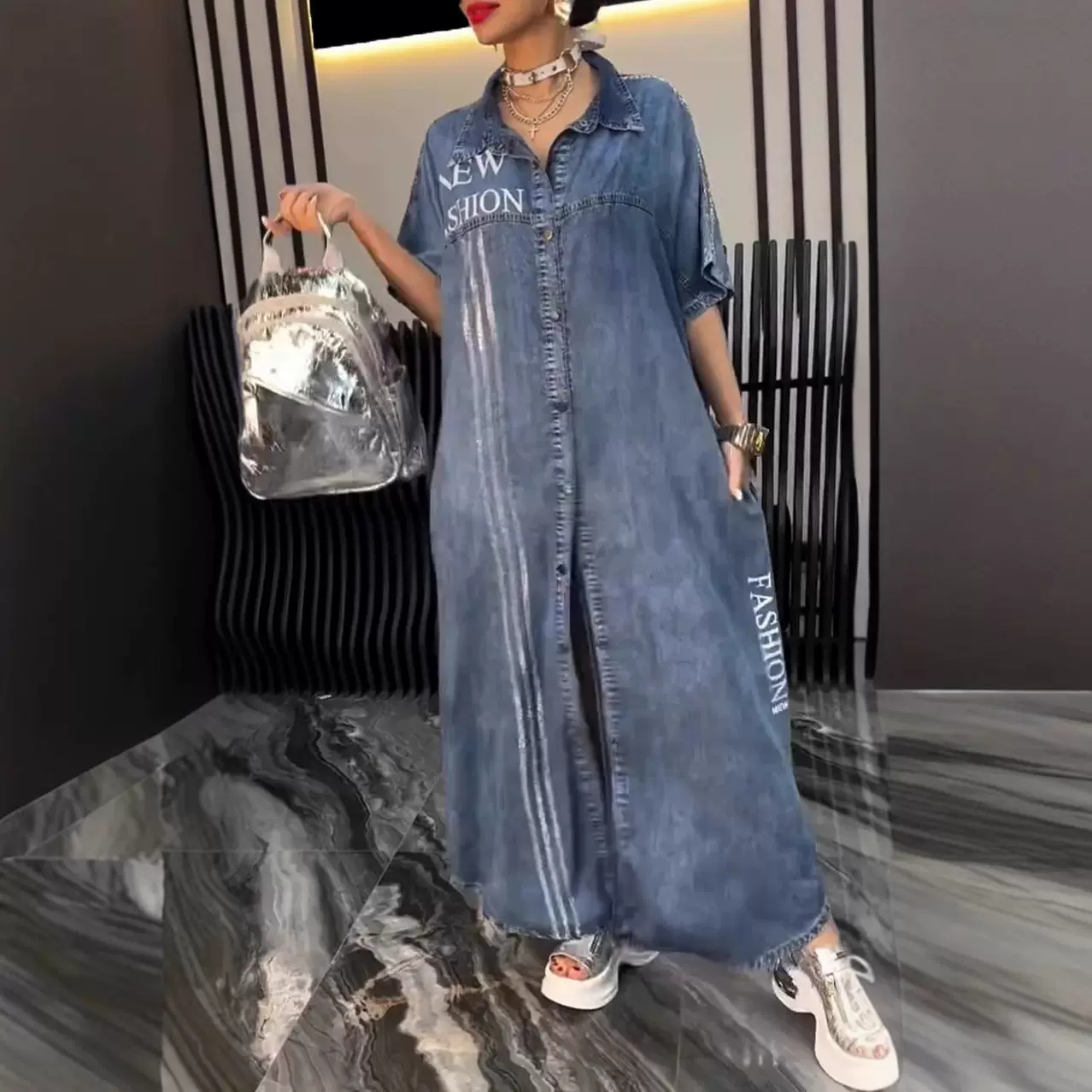 2025欧美TEMU七分袖薄条纹牛仔连衣裙春夏季中长款牛仔印花长裙潮