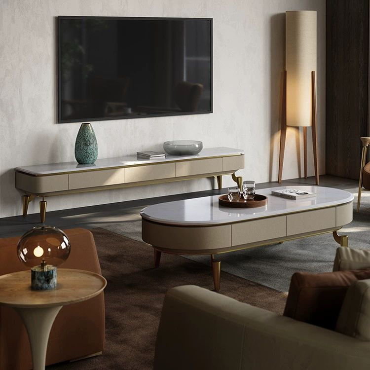 Modern Light Luxury Coffee Table Tv Cabinet Villa Living Room Xiangxue Meikari Ice Jade Natural Marble Coffee Table Oval Shape