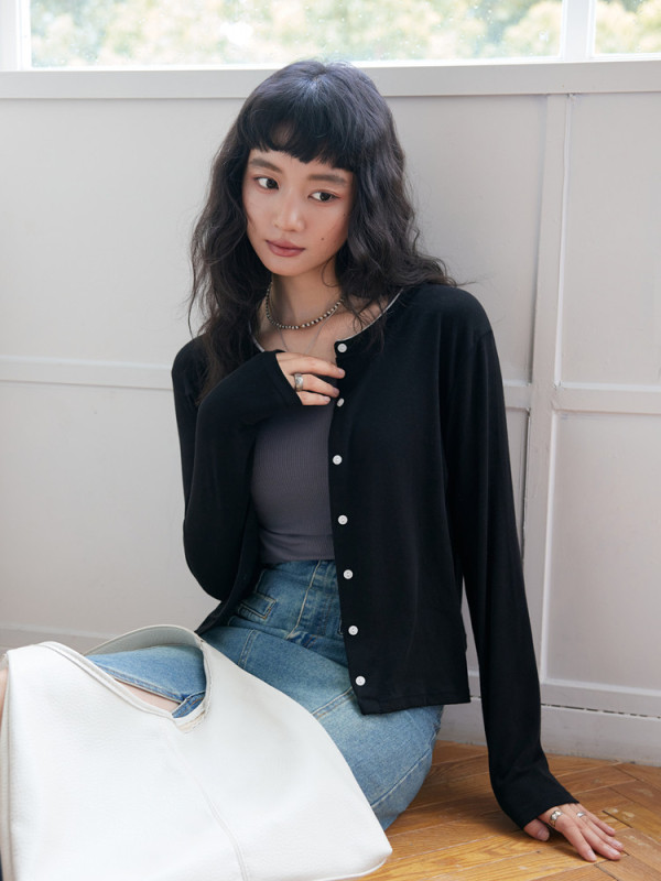 miu系撞色~莱赛尔天丝纽扣针织开衫女春秋基础百搭长袖圆领上衣|undefined