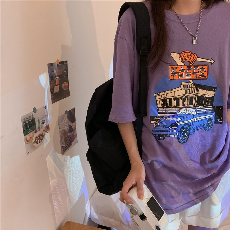 Dam t-shirt med cartoon tryck lös passform sommar topp_voghion.com
