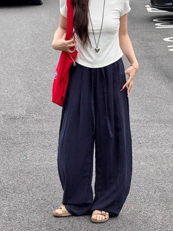 藏青色弯刀裤女夏季薄款2025新款高腰垂感宽松休闲天丝亚麻阔腿裤|undefined