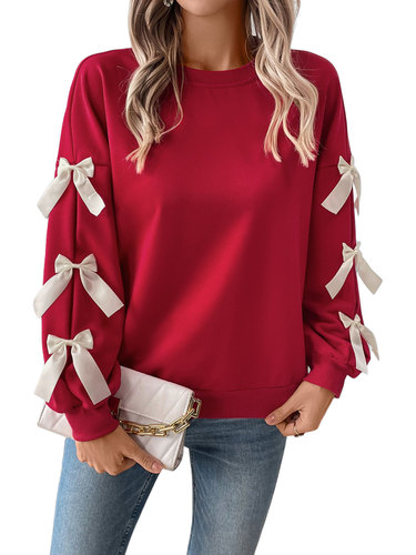 Amazon's autumn and winter bestsellers, European and American trendy butterfly knot red Christmas crew neck women's hoodie