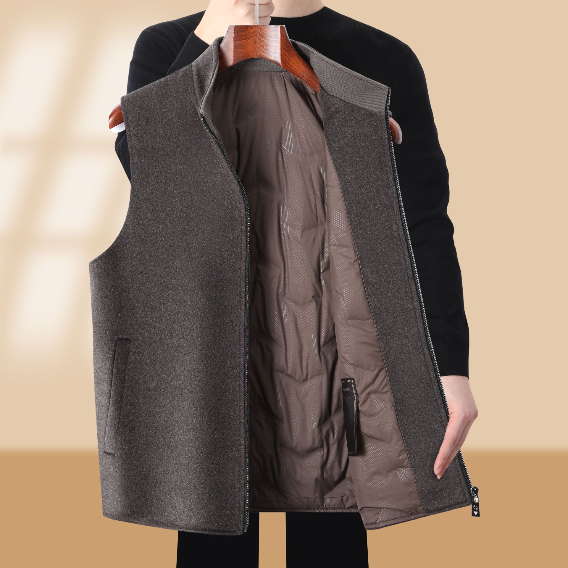 2026 Autumn/Winter New Men's Woolen Down Vest, Solid Color Stand Collar Casual Fashion Sleeveless Wool Vest