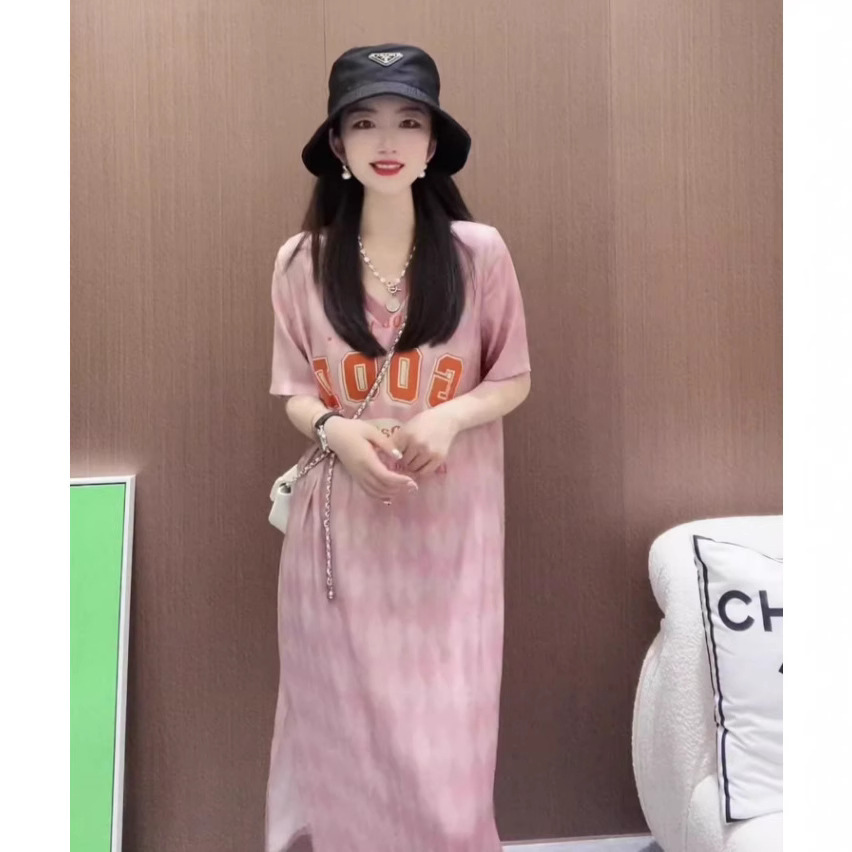 Váy maxi nữ kiểu Pháp chất liệu cao cấp tay ngắn thắt eo màu hồng — hồng