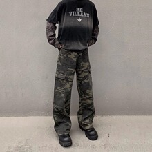 美式复古迷彩工装裤男女款牛仔裤直筒宽松设计感微喇叭休闲裤子