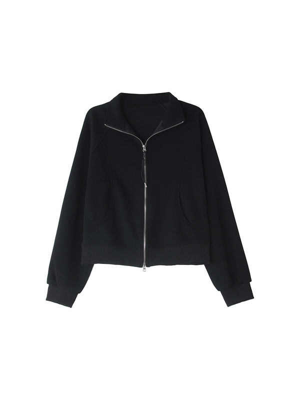 【登机私服】歌铭纯色简约立领双拉链卫衣女秋季新款短外套W564C|undefined