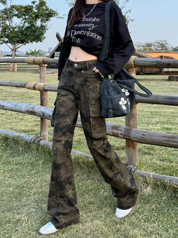 Американские чистые fit bootcut камуфляж джинсы для мужчин и женщин, дизайн с множеством карманов, повседневные штаны верхнего класса