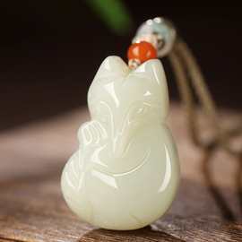 天然和田玉小狐狸吊坠玉石玉佩灵狐单坠玉坠玉器九尾狐招桃花项链