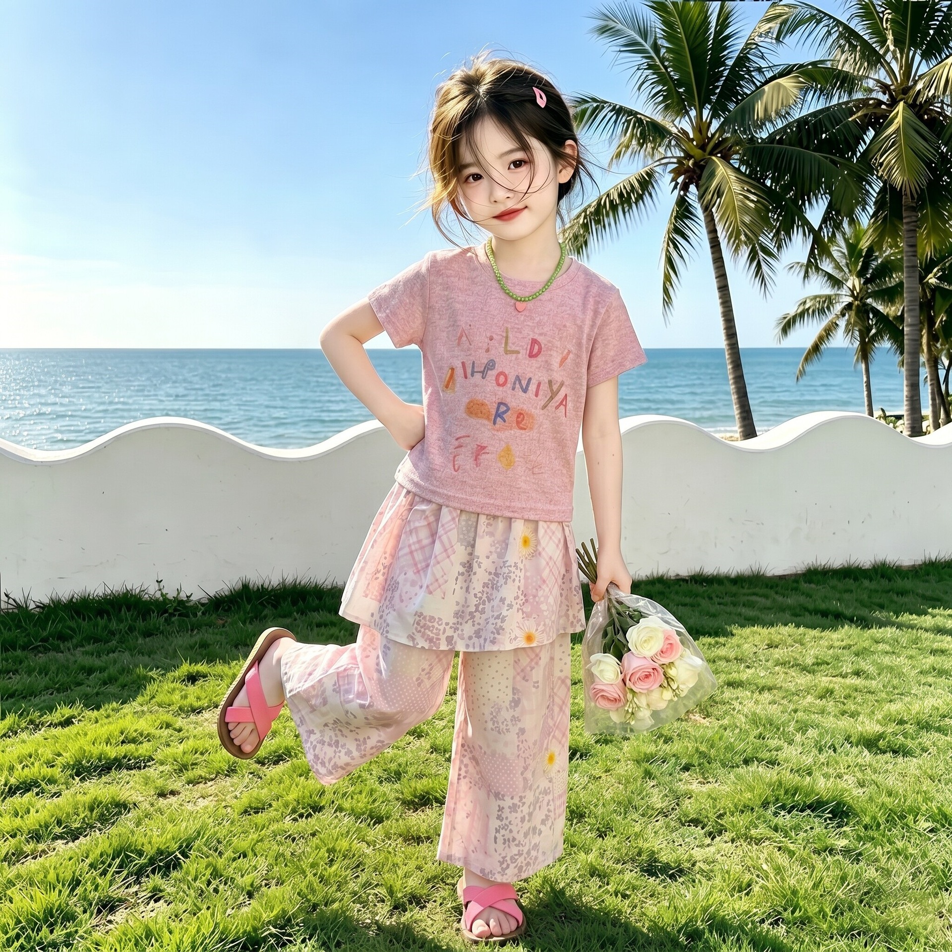 Unique and beautiful dopamine-inspired outfit for girls, 2026 new style, super cute pink short-sleeved top and flared pants for summer.
