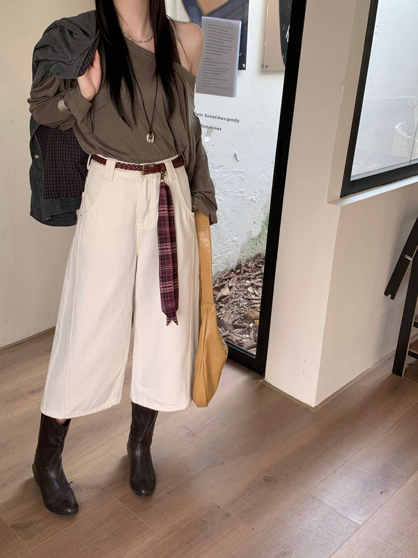 秋上新 白色牛仔裤女款7分裤新款美式宽松阔腿七分裤小个子送腰带|undefined