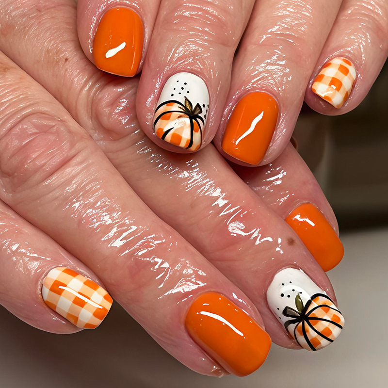 Cross-Border Autumn Nail Art Thanksgiving Press-On Nails Plaid Pumpkin Nail Pieces Press-On Nails Press-On Fake Nails