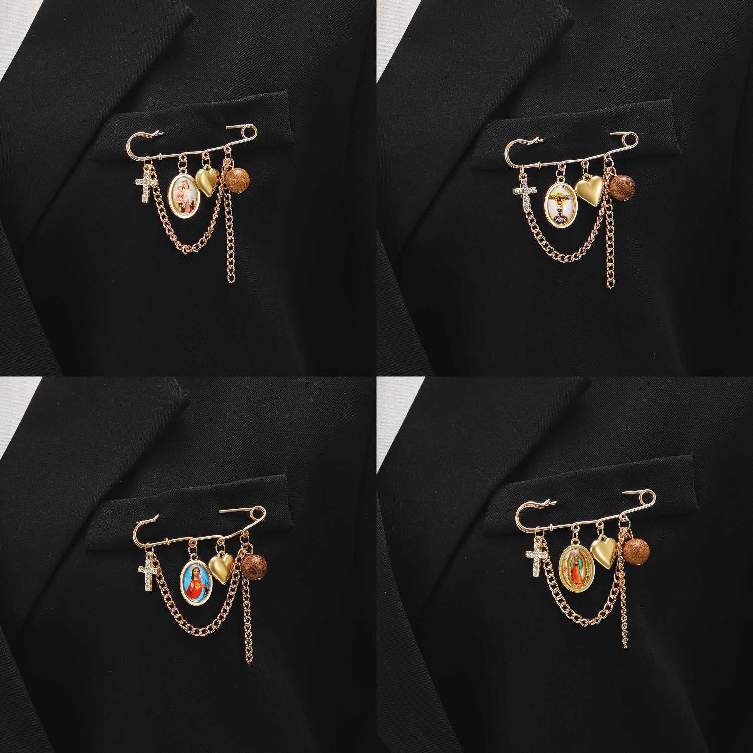 Cross-Border Vintage Cross Heart Chain Pendant Brooch European and American Fashion Western Religious Portrait Suit Pin