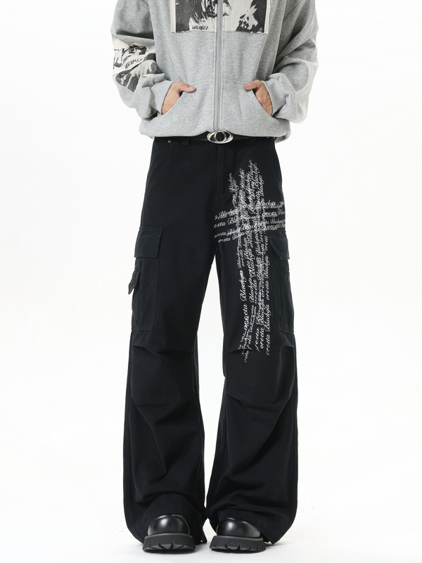 Cross-Printed Men's Jeans Autumn American Retro Workwear Straight-Leg Pants Trendy Loose Casual Wide-Leg Trousers