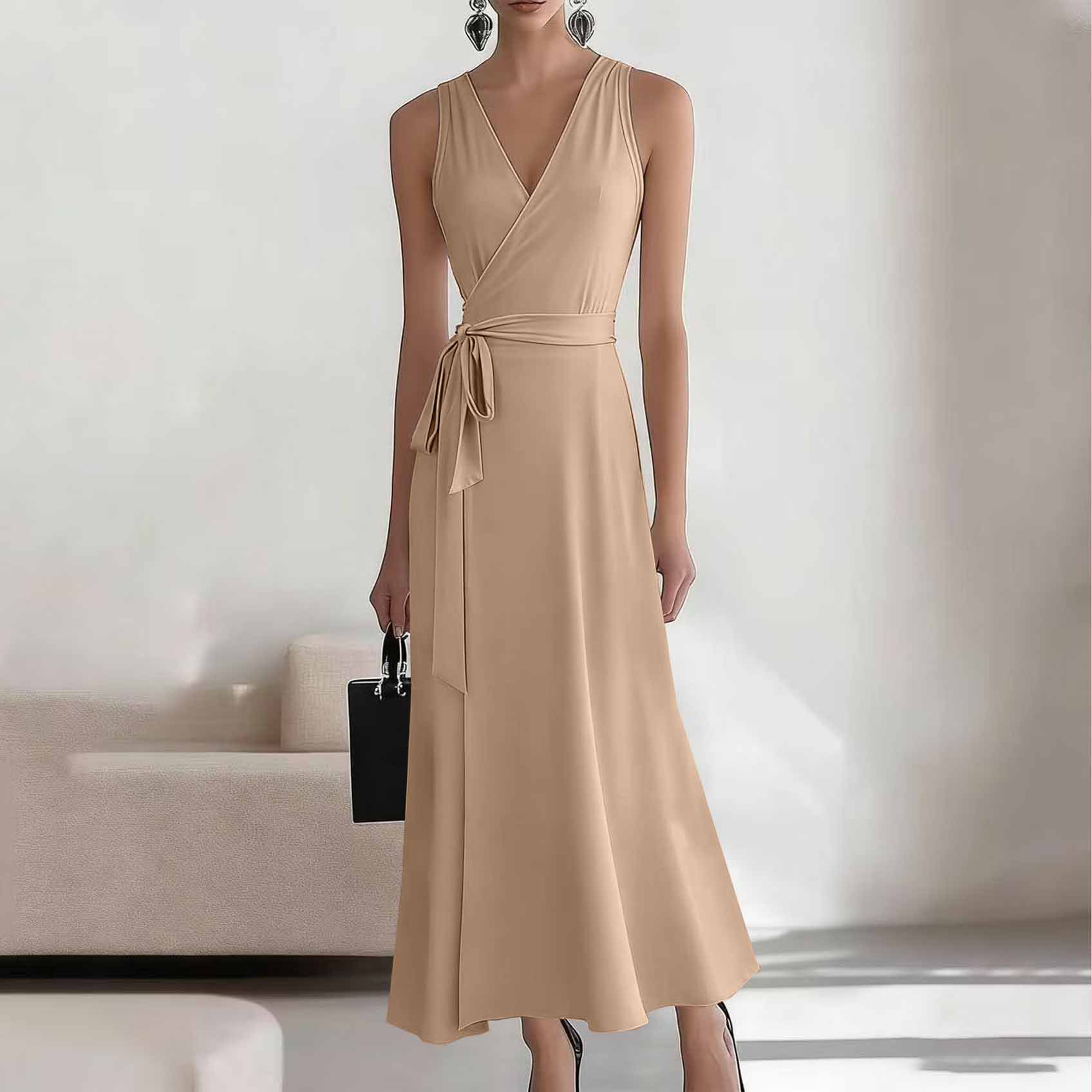 2026 European American Style New Sleeveless Elegant Cross-neck Belted Knitted Dress For Cross-border E-commerce On_ecoleips.com